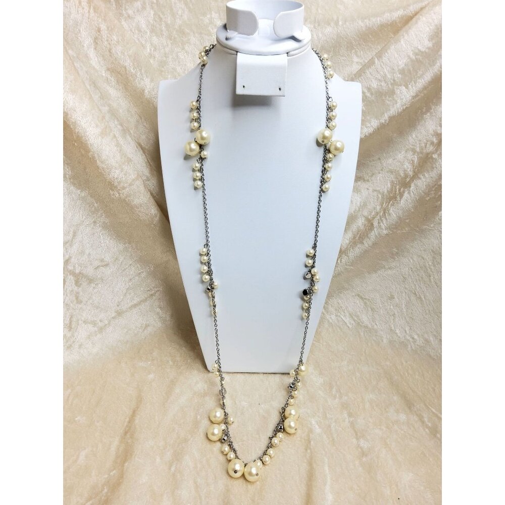 vintage ann taylor silver tone faux pearl rhinestone matinee necklace